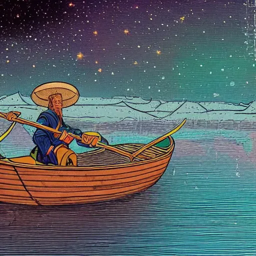 Image similar to a small medieval town floating among stars. A man in a rowboat is paddling toward the town. High detail cinematic digital painting. Mœbius.