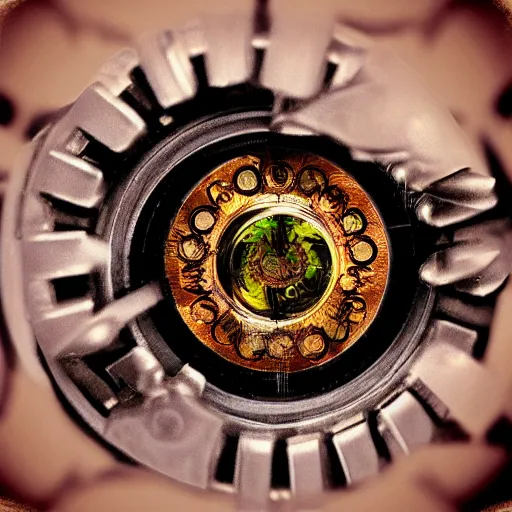 Prompt: optical illusion of steampunk style eyeball, gears, cables