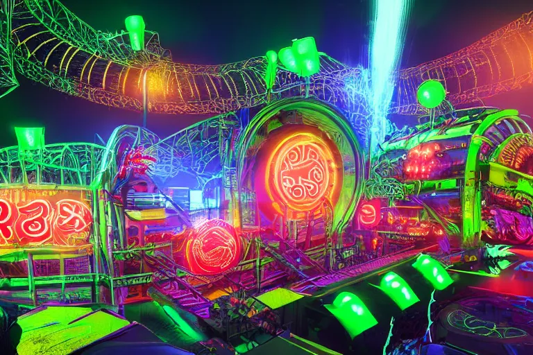 Image similar to an outdoor festival stage, big neon letters tripmachine, center of the stage is a big futuristic steampunk rollercoaster machine with a shiny steamtrain, rock musicians on the stage, laser show, 8 k, fluorescent colors, halluzinogenic, multicolored, exaggerated detailed, unreal engine