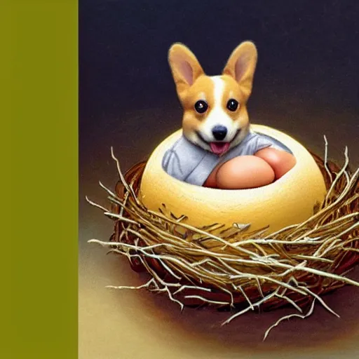 Image similar to concept art of a baby corgi emerging from an egg in a nest, art by anne geddes