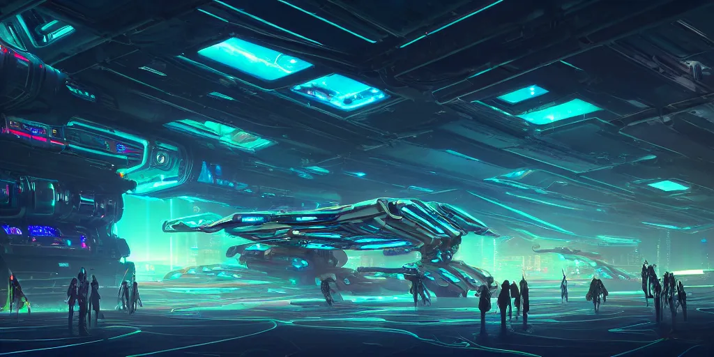 Image similar to the exterior of a celestial spaceship cyberpunk hangar in a bioluminescent walls decorated beautifully, lots of cyberpunk design elements like humanoids and mecha robots, warm sunlight shining in, lots of cables and neon signs, concept art 8 k resolution, fantasy illustration, sharp focus, detailed painting, deep color, volumetric lighting, crepuscular rays