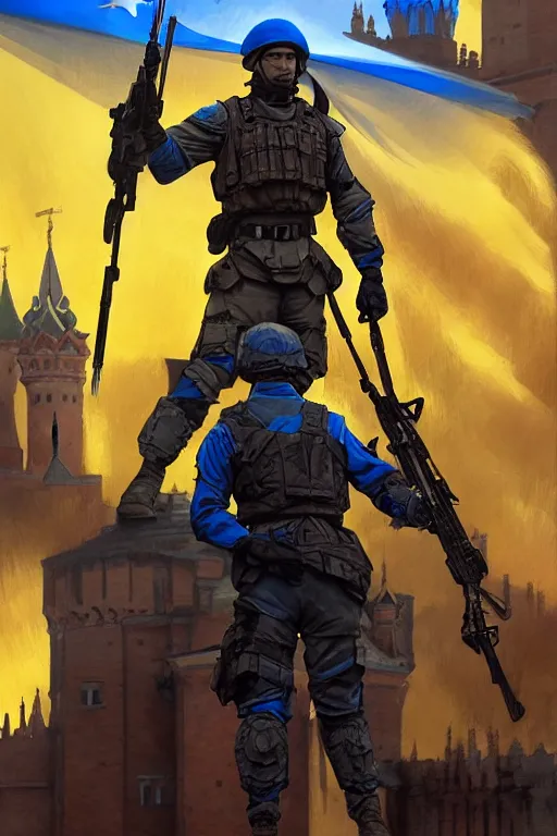 Image similar to special forces soldier installin ukrainian blue and yellow flag on red square kremlin, masculine figure, d & d, fantasy, bright atmosphere, volumetric lights, intricate, elegant, extremely detailed, digital painting, artstation, concept art, matte, smooth, sharp focus, hyper realistic, illustration, art by artgerm and greg rutkowski and alphonse mucha