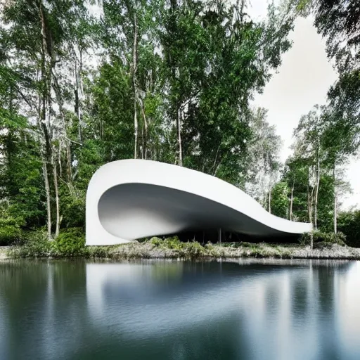 Prompt: futuristic organic white concrete house in the middle of a lush forest at night, a beautiful lake next to it, starry sky