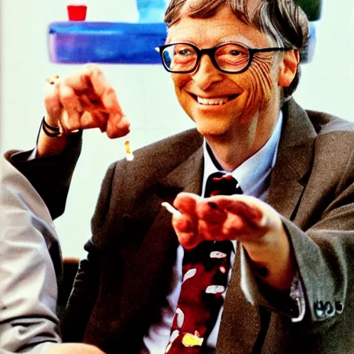Prompt: bill gates holding a vaccine in his hand, body horror, by ralph steadman