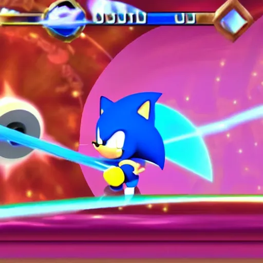 Image similar to Sonic fighting Kirby in super smash bros