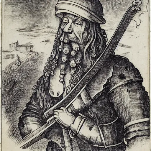 Prompt: tA colonial soldier with an octopus head, by Albrecht Dürer, engraving, ink, black and white, 17th century