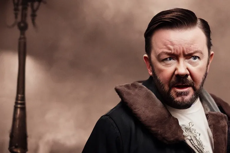 Image similar to an 8 5 mm portrait of ricky gervais as a 1 7 0 0's gangster by gustave baumann and aron demetz, beautiful lighting, dramatic, noise, film