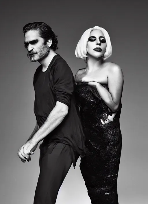 Image similar to lady gaga and joaquin phoenix styled by nick knight posing, full body shot, set pieces, intricate set, vogue magazine, canon, highly realistic. high resolution. highly detailed. dramatic. 8 k. 4 k.