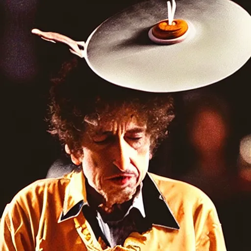 Image similar to bob dylan wearing a chef hat, flipping a pizza in the air