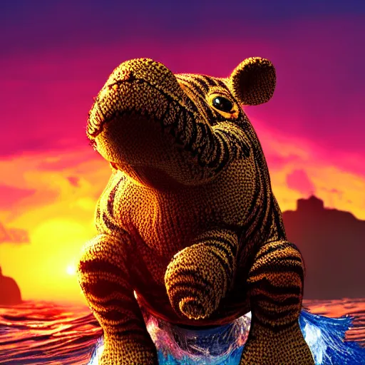 Image similar to a closeup photorealistic photograph of a cute smiling knitted tiger hippopotamus riding an epic wave at sunset. surf in the background. professional capture. brightly lit scene. this 4 k hd image is trending on artstation, featured on behance, well - rendered, extra crisp, features intricate detail, epic composition and the style of unreal engine.