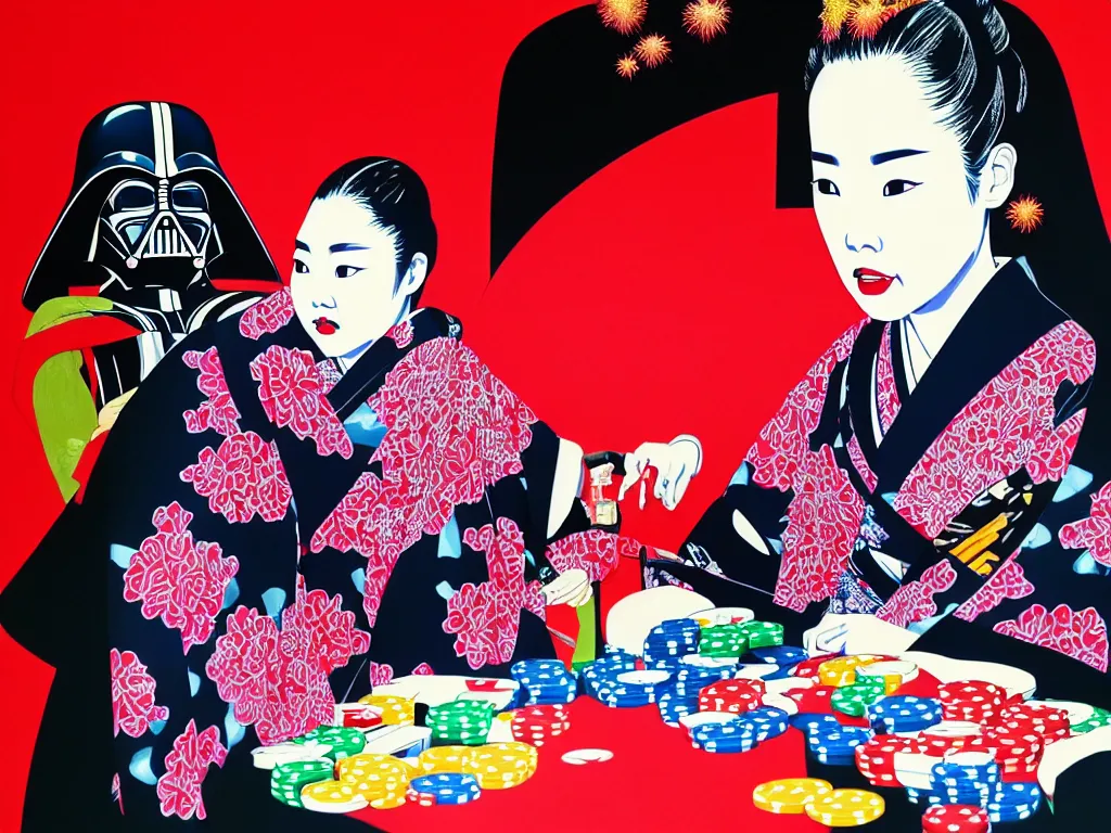 Image similar to hyperrealistic composition of the detailed woman in a japanese kimono sitting at a poker table with detailed darth vader, fireworks, mount fuji on the background, pop - art style, jacky tsai style, andy warhol style, acrylic on canvas