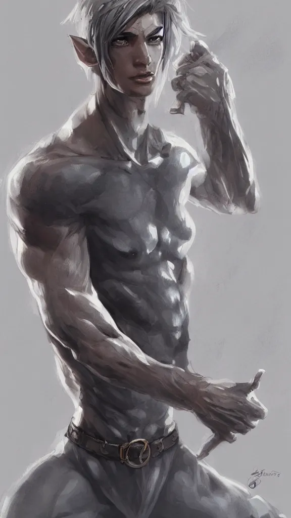 Image similar to a cute calm handsome young adult male muscular slim blu skin elf with grey light tight clothes concept art in the style of lee bermejo and greg rutkowski