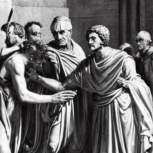 Prompt: a cheap film photograph of Roman Senators stabbing Julius Caesar in the back