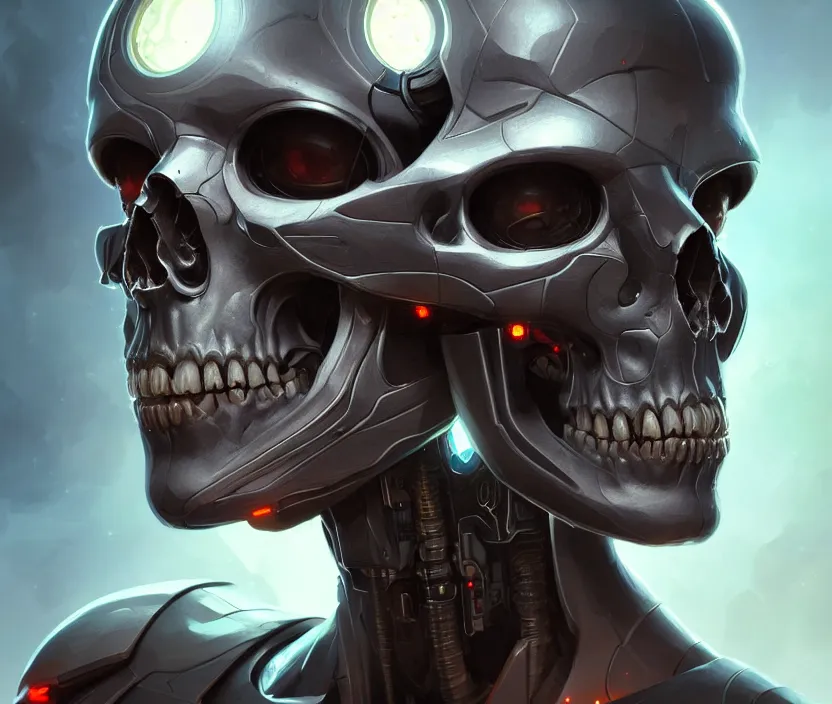 Image similar to Cyborg skull portrait, front view, sci-fi, highly detailed, digital painting, artstation, concept art, smooth, sharp focus, illustration, art by artgerm and greg rutkowski and alphonse mucha