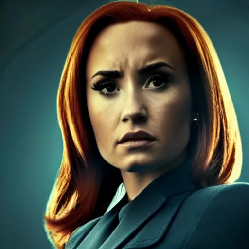 Image similar to close-up of Demi Lovato as Dana Scully in an X-Files movie directed by Christopher Nolan, movie still frame, promotional image, imax 35 mm footage