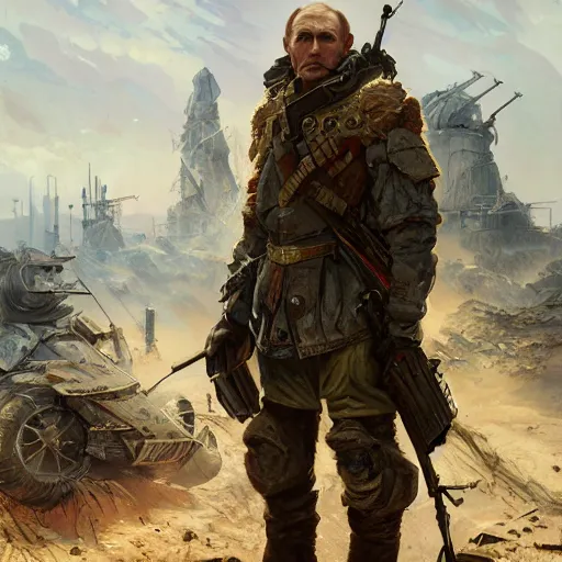 Prompt: post apocalyptic russian war world, vladimir putin, intricate, highly detailed, digital painting, artstation, concept art, smooth, sharp focus, illustration, unreal engine 5, 8 k, art by artgerm and greg rutkowski and alphonse mucha