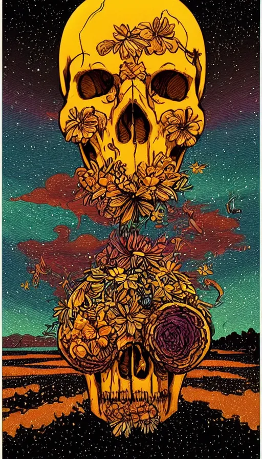 Prompt: Floral skulls floating in starlit sunset sky, italian futurism, Dan Mumford, da vinci, Josan Gonzalez