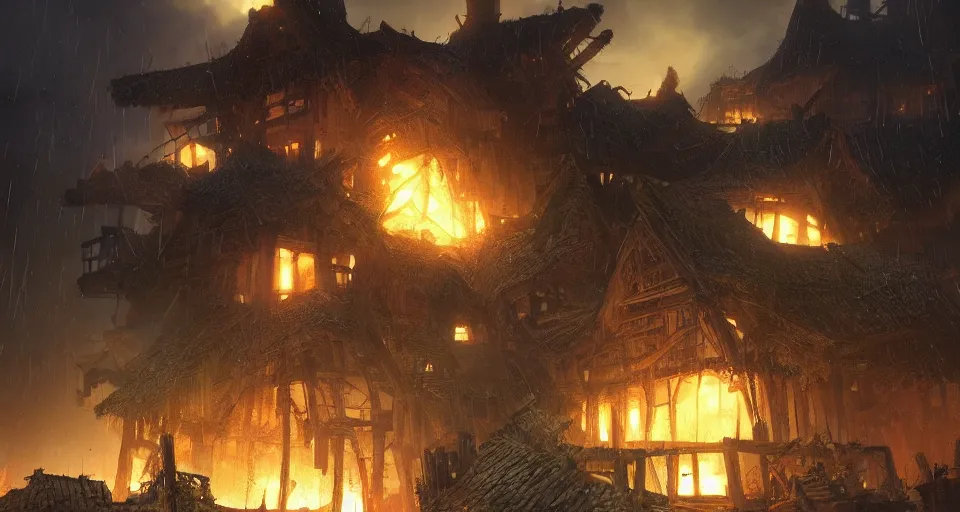 Image similar to one single giant ogre attacks wooden village houses. Destruction. Atmospheric beautiful by Eddie mendoza and Craig Mullins. volumetric lights