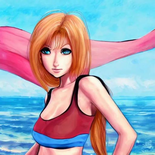 Prompt: Samus Aran\'s casual day at the beach, high quality digital art by Sakimichan