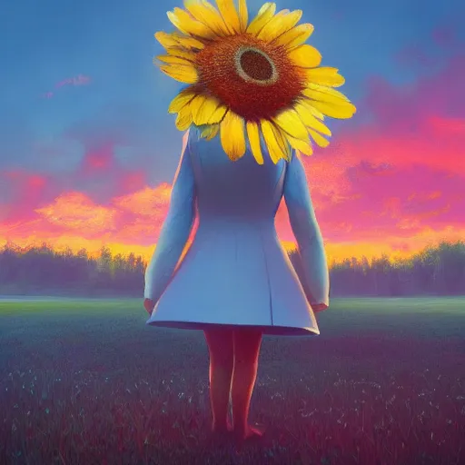 Image similar to giant daisy flower as a head, frontal, a girl in a suit, surreal photography, sunrise, dramatic light, impressionist painting, digital painting, artstation, simon stalenhag