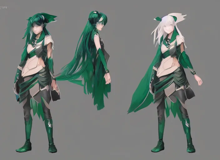 Image similar to character sheet for a beautiful and cute girl for genshin impact by greg rutkowski, black to light green fade hair, genshin impact style, sorcerer magic witch, digital art, trending on artstation, hd, 8 k, highly detailed, good lighting, beautiful, masterpiece