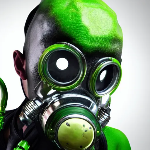 Prompt: human cyborg reptile hybrid with gas mask and green toxins popping from body full shot cinematographic high quality highly detailed ultra realistic 8 k