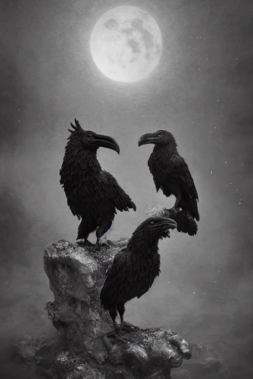 Image similar to Intricate stunning highly detailed surreal ravens by agostino arrivabene and Seb McKinnon, sculpture, ultra realistic, Horror, dramatic lighting, full moon, blood moon, thick black swirling particle smoke tornado, fire embers, trending on artstation