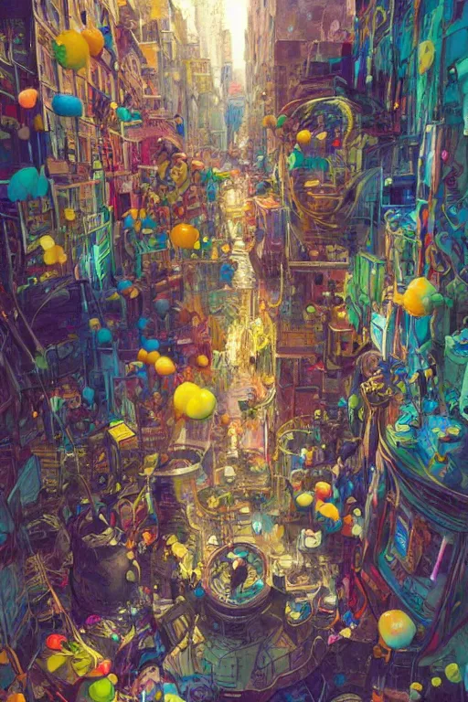 Image similar to dreamlike people in a busy city people covered by colorful graffiti paint dripping down to the floor, professional illustration by moebius, hiroshi yoshida, painterly, yoshitaka Amano, artgerm, loish, painterly, and james jean, illustration, moon lighting, masterpiece