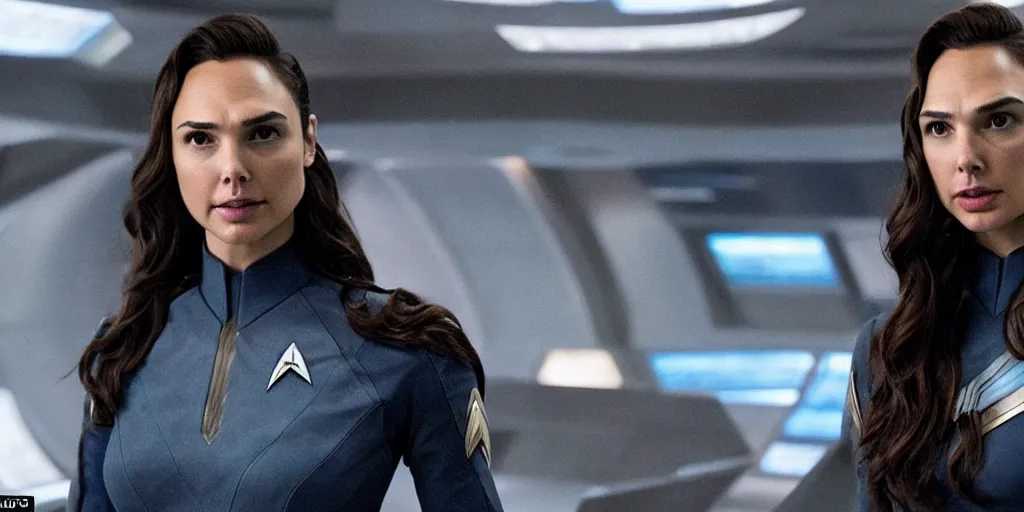 Image similar to Gal Gadot, in full starfleet uniform, is the captain of the starship Enterprise in the new Star Trek movie