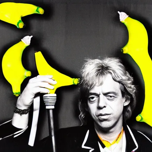 Image similar to bob geldof boomtown rats holding banana microphone, with banana costumed background singers, concert photo, getty images, pencil drawing