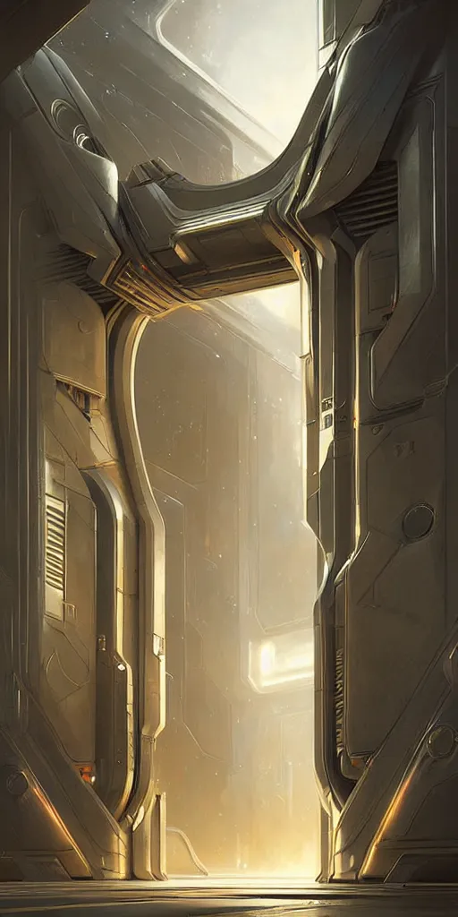 Image similar to hyper realistic art - deco sci - fi double door by jordan grimmer, darek zabrocki