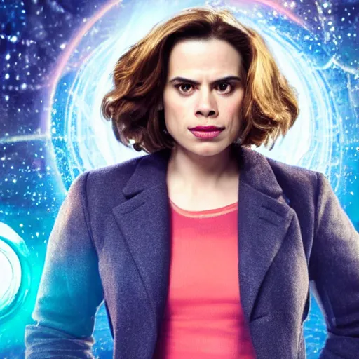 Image similar to a beautiful full body photograph of hayley atwell dressed as doctor who, science fiction style, time vortex in the background, detailed face, symmetrical face, extreme realism and detail, 8 k, completely framed, direct lighting, 3 5 mm photo, photorealistic, sharp focus