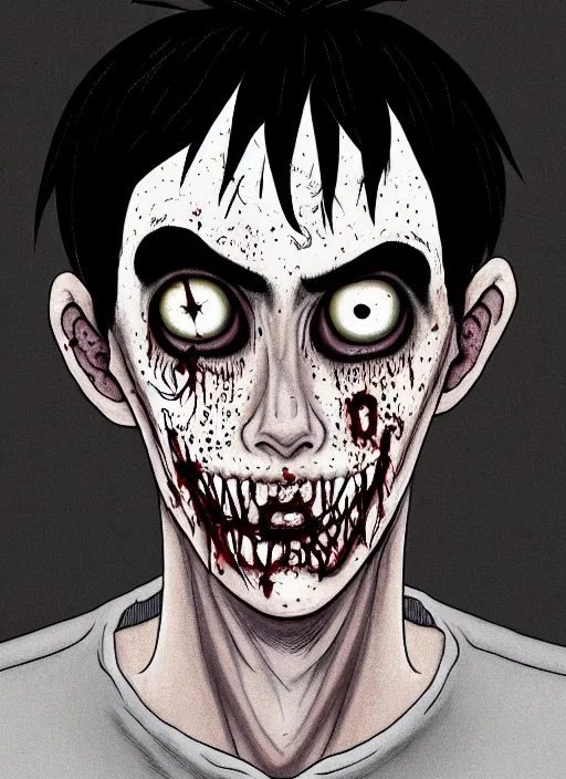 Image similar to junji ito style portrait of zombie teenage jughead jones wearing a light grey crown, photorealistic, zombie, crown, rotting skin, blind eyes, white eyes, crown, black hair, intricate, highly detailed, illustration, art by junji ito