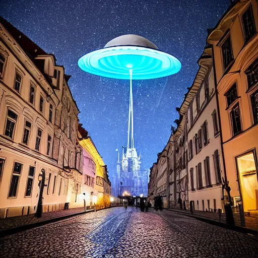 Prompt: ufo alien spaceship landing at the ( ( ( ( prague castle ) ) ) ) during the night, large flying saucer, dslr photography, aliens, volumetrics