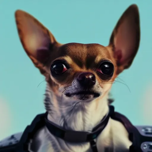 Image similar to Chihuahua cyborg, mechanical, celestial background, octane, 4k, hyper realism, sharp focus