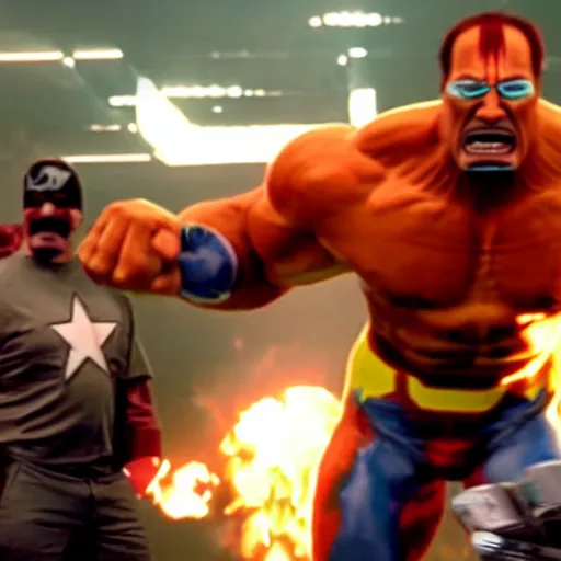 Image similar to hulk hogan punches tony stark, epic scene, cinematic
