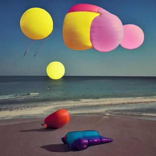 Image similar to a pastel colour high fidelity wide angle Polaroid art photo from a holiday album at a seaside abstract inflatables parachute art, vinyl record player, all objects made of transparent iridescent Perspex and metallic silver, nostalgic