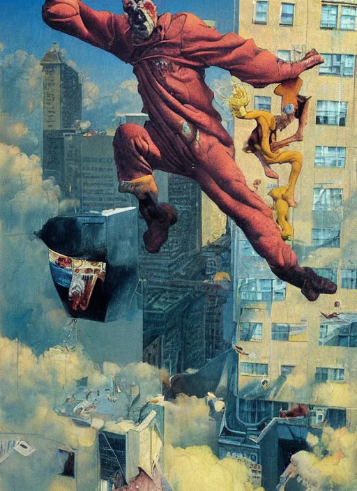Prompt: realistic detailed image of figure jumping from a tall building in the style of Francis Bacon, Surreal, Norman Rockwell and James Jean, Greg Hildebrandt, and Mark Brooks, triadic color scheme, By Greg Rutkowski, in the style of Francis Bacon and Syd Mead and Edward Hopper and Norman Rockwell and Beksinski, open ceiling, highly detailed, painted by Francis Bacon, painted by James Gilleard, surrealism, airbrush, Ilya Kuvshinov, WLOP, Stanley Artgerm, very coherent, art by Takato Yamamoto and James Jean