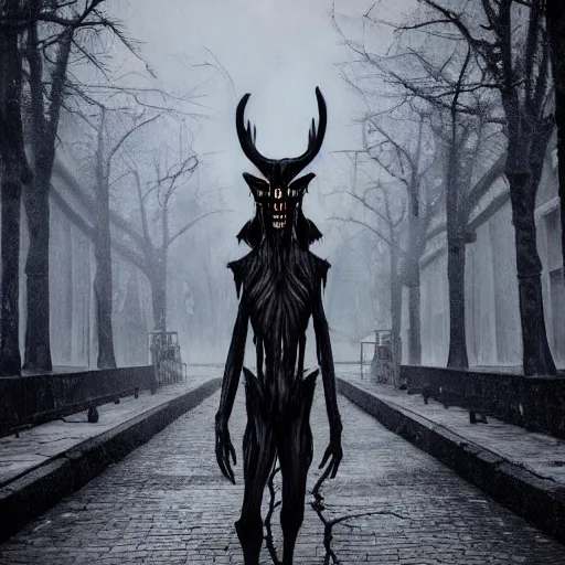 Prompt: ominous spooky wendigo walking through the center of old london city, oil painting, gloomy misty atmosphere, symmetrical, full body image, highly ornate intricate details, very sharp photo,