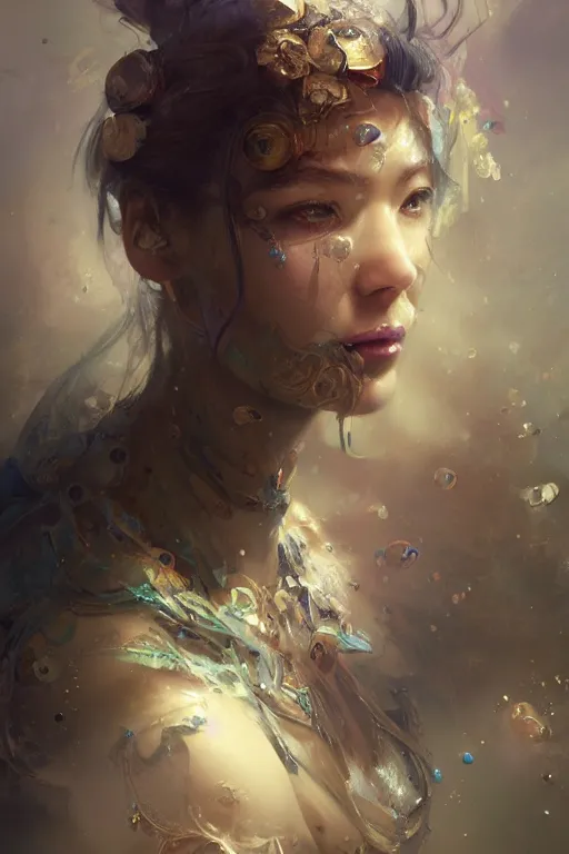 Prompt: face closeup of beautiful girl in intricate detailed inkdrop in water, 3 d render, hyper realistic detailed portrait, color leaves, ruan jia, wlop. scifi, fantasy, hyper detailed, octane render, concept art, by peter mohrbacher, by wlop, by ruan jia