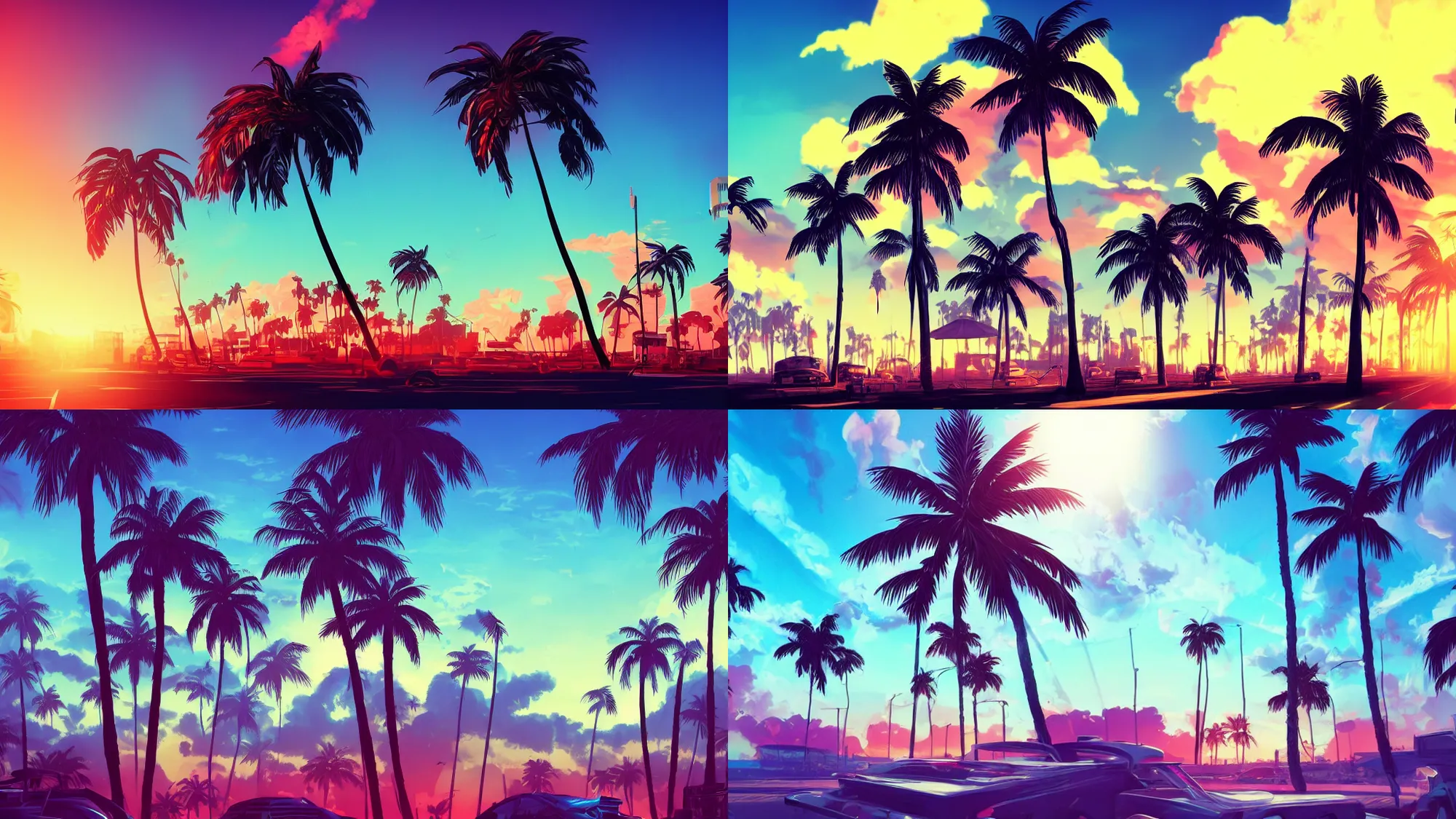 Prompt: synthwave with sun in the sky and palm trees, dramatic lighting, trending on Artstation, visually stunning, award-winning