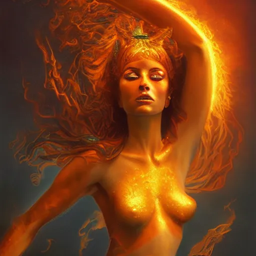 Image similar to A stunning portrait of a goddess, her body made of flames, by Jim Burns, 8K UHD, intricate, fantasy