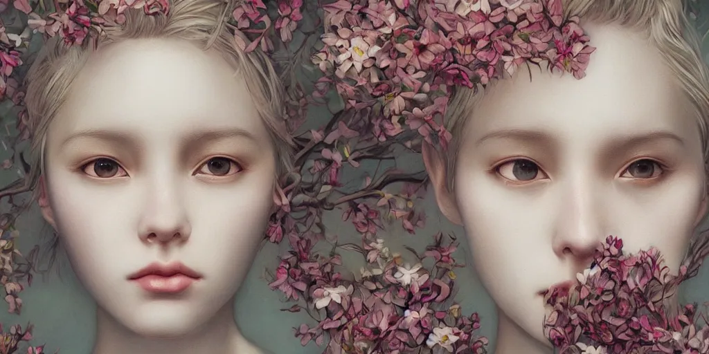 Image similar to breathtaking detailed concept art painting pattern of blonde short hair faces weird girls with anxious piercing eyes and blend of flowers, by hsiao - ron cheng, bizarre compositions, exquisite detail, extremely moody lighting, 8 k