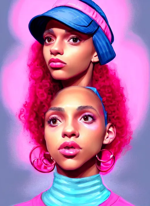 Image similar to portrait of teenage vanessa morgan with bright pink hair, black girl, curly pixie cut hair, wearing newsboy cap, pink short haircut, newsboy cap, hoop earrings, blue eyes, intricate, elegant, glowing lights, highly detailed, digital painting, artstation, concept art, smooth, sharp focus, illustration, art by wlop, mars ravelo and greg rutkowski