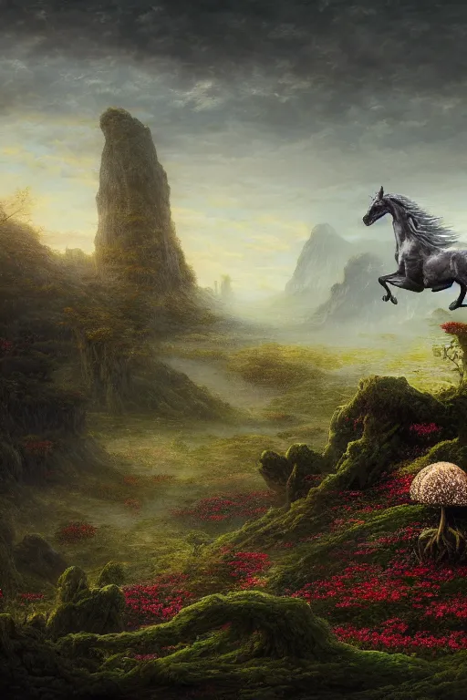 Image similar to a beautiful digital landscape painting of a detailed gothic fantasy horse and roots, dark mushroom, flowers by benoit b. mandelbrot, steven belledin, martin johnson heade, lee madgwick, caspar david friedrich, and david rios ferreira. 8 k resolution trending on artstation concept art digital illustration