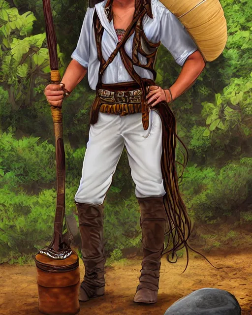 Image similar to a hippy male ranger, dnd, wearing a leather vest and white linen pants, puka shell necklace, long swept back blond hair, with a bongo drum and nunchuku, chiseled good looks, digital art