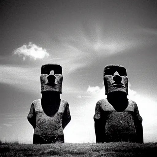 Prompt: easter island moai as the main character in a black and white noir film wearing a fedora, intricate, 1 9 4 0 s film noir, sharp focus, sharp shadows, robert siodmak, fritz lang, otto preminger, orson welles, billy wilder