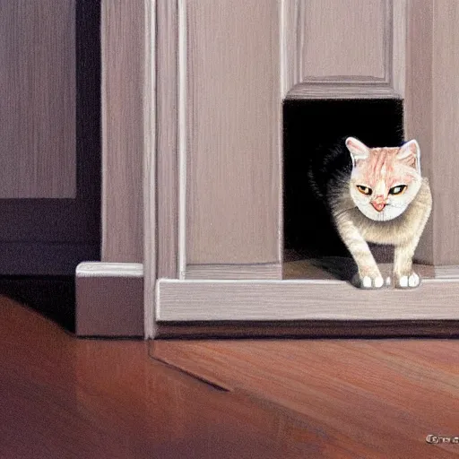 Image similar to house cat eating a photus in the living room next to a door by gref rutkowski