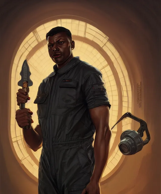 Image similar to Short stocky man holding a wrench, wearing a jumpsuit, portrait, face, black skin, sci-fi, intricate, elegant, highly detailed, digital painting, artstation, concept art, smooth, sharp focus, illustration, art by artgerm and greg rutkowski and alphonse mucha