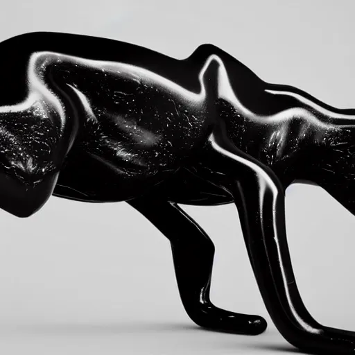 Image similar to a shiny black goo covered panther, panther made of black goo, goo panther, panther made of goo, latex shiny, laying on a tar, covered white couch in a living room, dripping and drooling black goo. digital art, photography